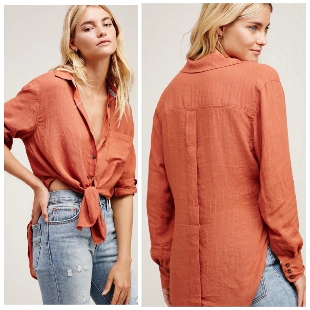 Free People That's A Wrap Button Up Hi-Low Long Sleeve Top Rust Women's M Boho